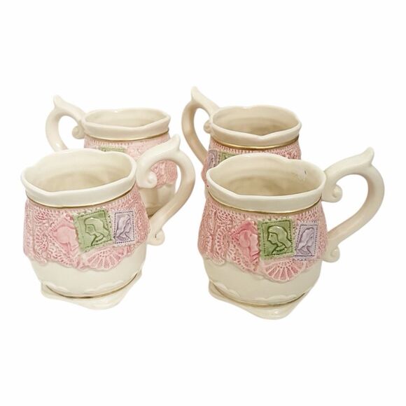 Fitz & Floyd Omnibus Lace Victorian Postcards Stamp Mugs Set of 4 - Picture 1 of 3